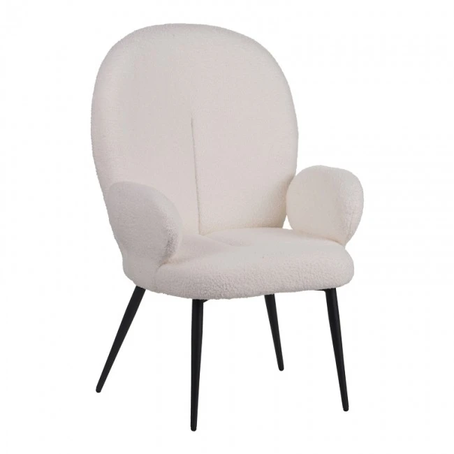 Armchair with footstool Qarar pakoworld boucle fabric in white shade with black metal legs 67.5x67.5x106cm