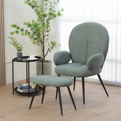 Armchair with footstool Qarar pakoworld boucle fabric in light green shade with black metal legs 67.5x67.5x106cm