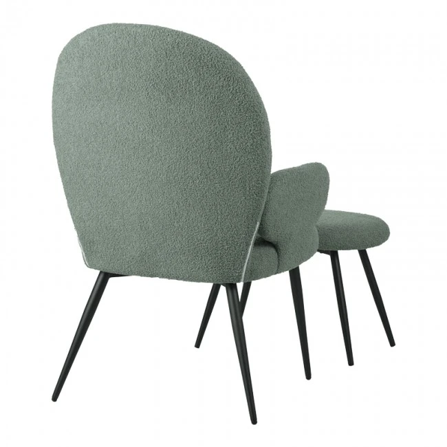 Armchair with footstool Qarar pakoworld boucle fabric in light green shade with black metal legs 67.5x67.5x106cm