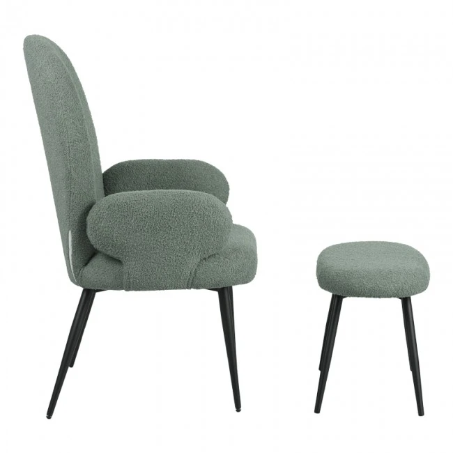 Armchair with footstool Qarar pakoworld boucle fabric in light green shade with black metal legs 67.5x67.5x106cm