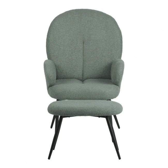 Armchair with footstool Qarar pakoworld boucle fabric in light green shade with black metal legs 67.5x67.5x106cm