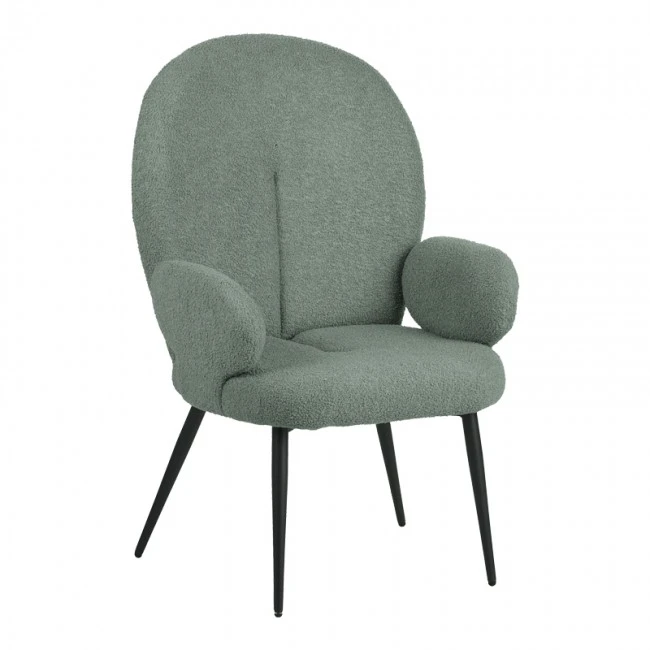 Armchair with footstool Qarar pakoworld boucle fabric in light green shade with black metal legs 67.5x67.5x106cm