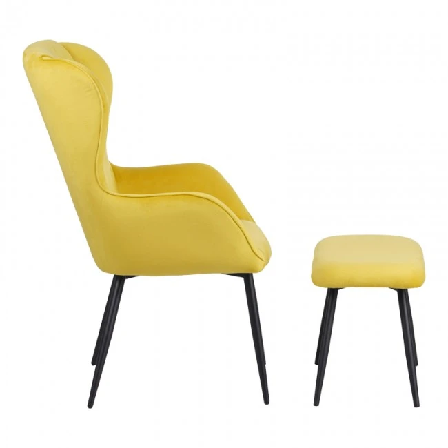 Armchair with footstool Rueda pakoworld velvet in yellow shade with black metal legs 71.5x66.5x99cm