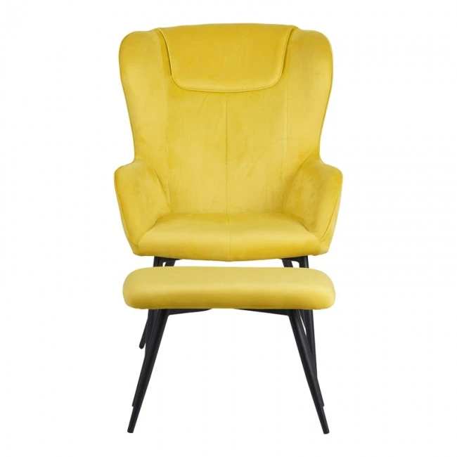 Armchair with footstool Rueda pakoworld velvet in yellow shade with black metal legs 71.5x66.5x99cm