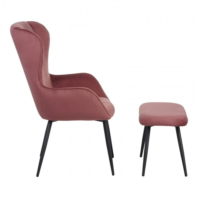 Armchair with footstool Rueda pakoworld velvet in rotten apple shade with black metal legs 71.5x66.5x99cm