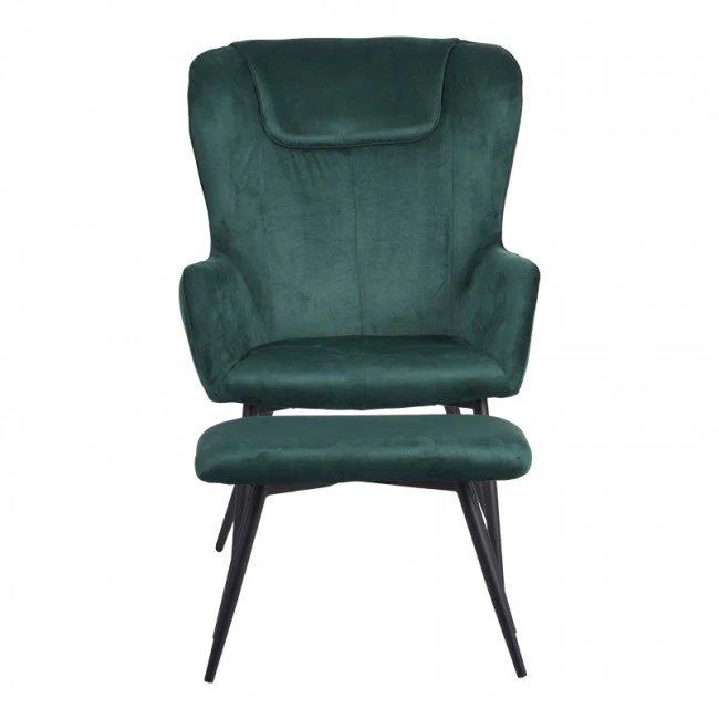 Armchair with footstool Rueda pakoworld velvet in dark green shade with black metal legs 71.5x66.5x99cm