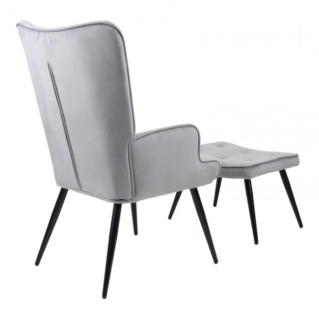 Armchair with footstool Siella pakoworld grey velvet-black metal leg 59x67x94cm