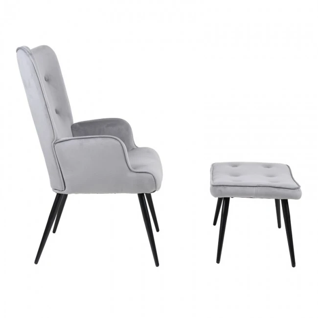 Armchair with footstool Siella pakoworld grey velvet-black metal leg 59x67x94cm