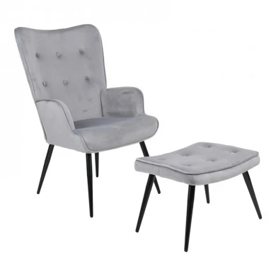 Armchair with footstool Siella pakoworld grey velvet-black metal leg 59x67x94cm