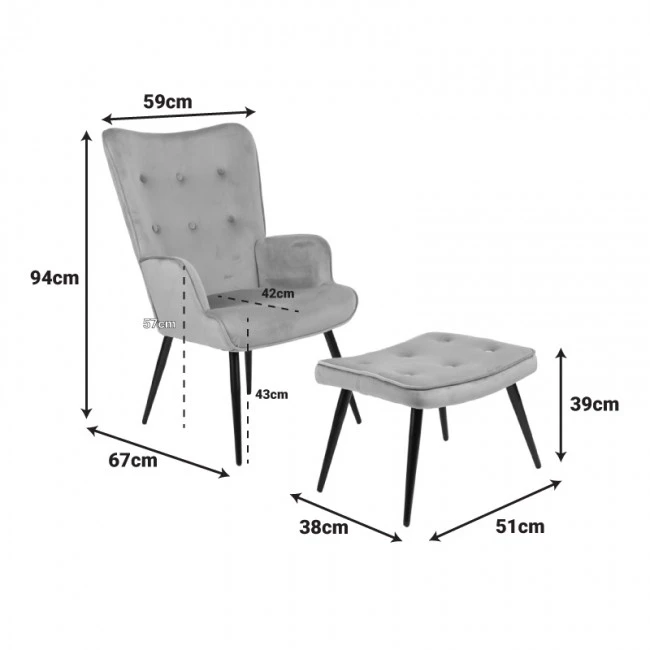 Armchair with footstool Siella pakoworld grey velvet-black metal leg 59x67x94cm
