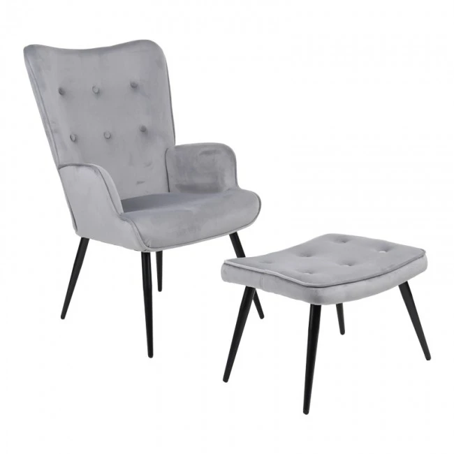 Armchair with footstool Siella pakoworld grey velvet-black metal leg 59x67x94cm