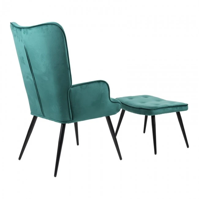 Armchair with footstool Siella pakoworld dark green velvet-black metal leg 59x67x94cm