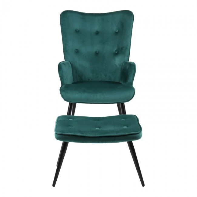 Armchair with footstool Siella pakoworld dark green velvet-black metal leg 59x67x94cm