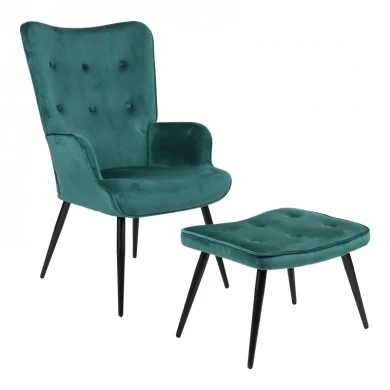 Armchair with footstool Siella pakoworld dark green velvet-black metal leg 59x67x94cm