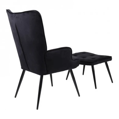 Armchair with footstool Siella pakoworld black velvet-black metal leg 59x67x94cm