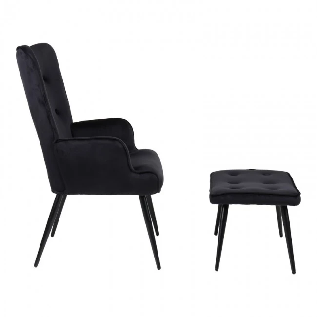 Armchair with footstool Siella pakoworld black velvet-black metal leg 59x67x94cm