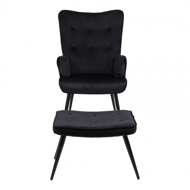 Armchair with footstool Siella pakoworld black velvet-black metal leg 59x67x94cm