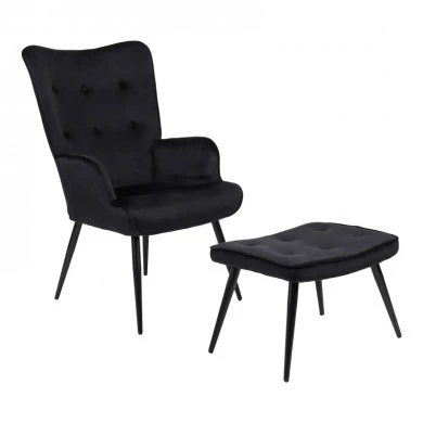 Armchair with footstool Siella pakoworld black velvet-black metal leg 59x67x94cm