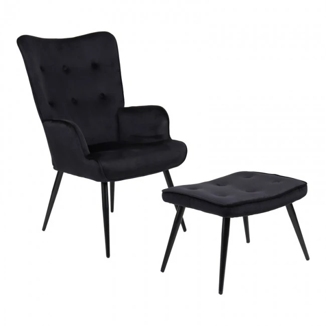 Armchair with footstool Siella pakoworld black velvet-black metal leg 59x67x94cm