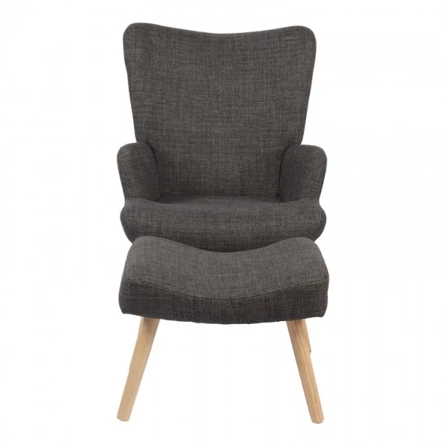 Armchair with footstool Gerlina pakoworld dark grey fabric and legs in natural color 71x64x94cm