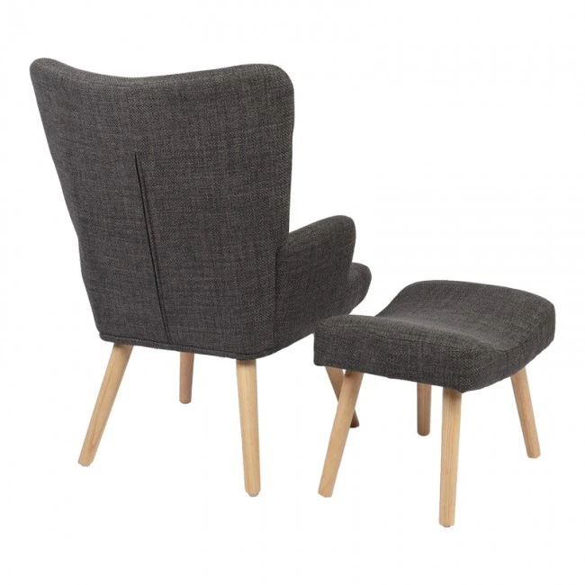 Armchair with footstool Gerlina pakoworld dark grey fabric and legs in natural color 71x64x94cm