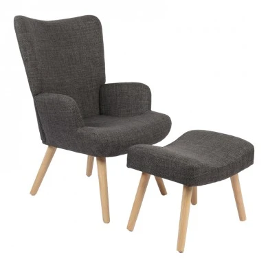 Armchair with footstool Gerlina pakoworld dark grey fabric and legs in natural color 71x64x94cm