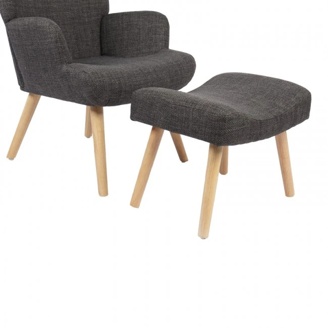 Armchair with footstool Gerlina pakoworld dark grey fabric and legs in natural color 71x64x94cm
