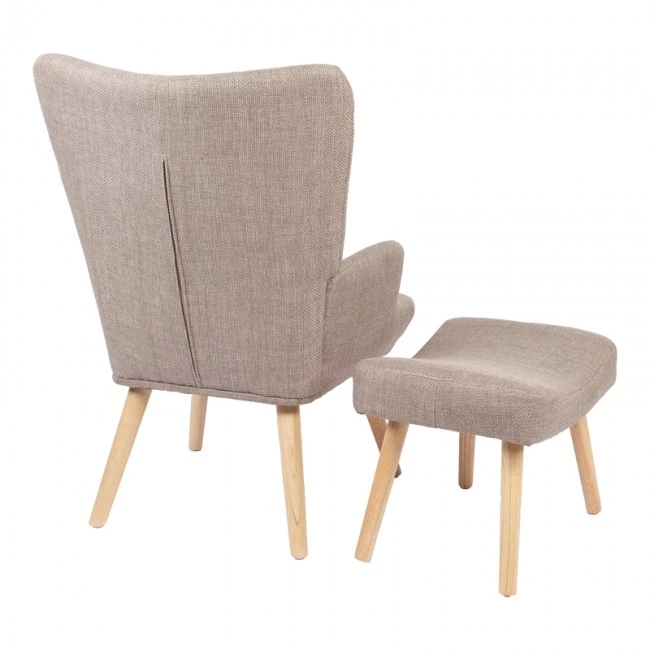 Armchair with footstool Gerlina pakoworld grey-beige fabric and legs in natural color 71x64x94cm
