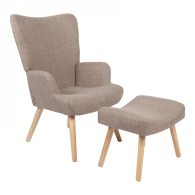 Armchair with footstool Gerlina pakoworld grey-beige fabric and legs in natural color 71x64x94cm
