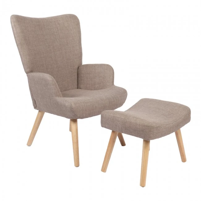 Armchair with footstool Gerlina pakoworld grey-beige fabric and legs in natural color 71x64x94cm