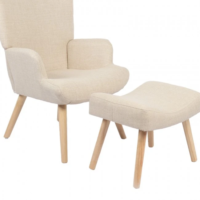 Armchair with footstool Gerlina pakoworld cream fabric and legs in natural color 71x64x94cm
