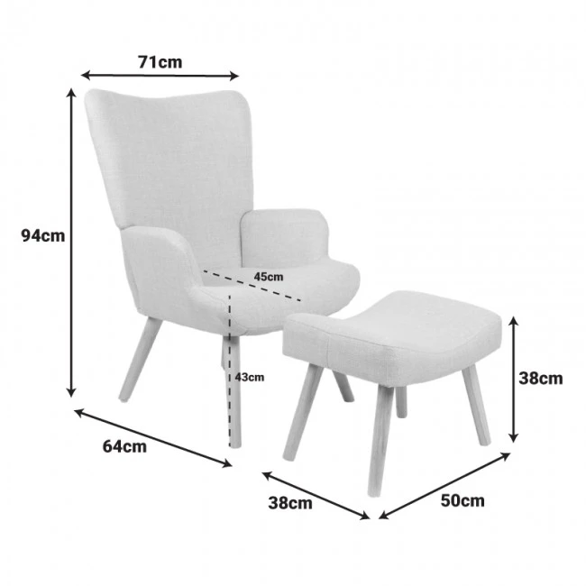 Armchair with footstool Gerlina pakoworld cream fabric and legs in natural color 71x64x94cm