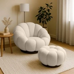 Nester pakoworld swivel armchair with stool boucle fabric in beige color 98x97x69cm
