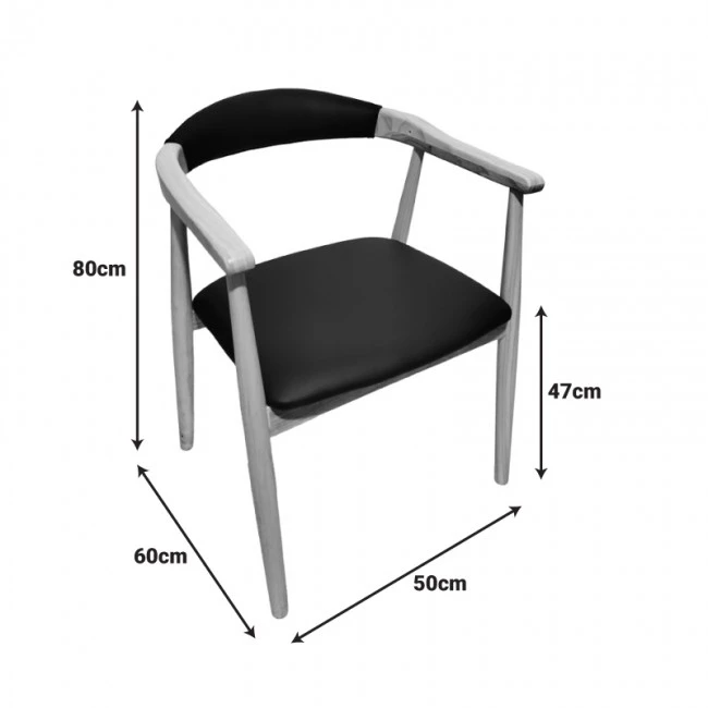 Sandi pakoworld rubberwood armchair in natural shade with black pu cushion 50x60x80cm