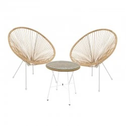 Dinning set Acapulco II pakoworld set of 3 white metal-natural rattan-glass D50X50cm
