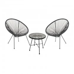 Set Acapulco pakoworld set of 3 black metal-black rattan-glass D50X50cm