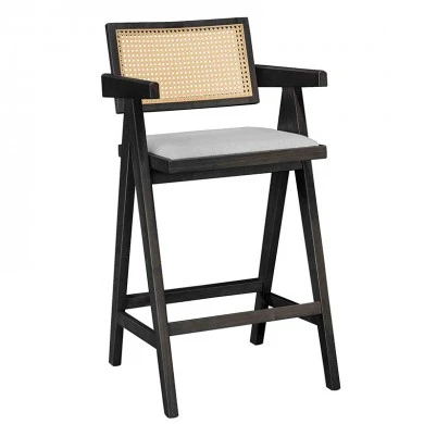 Bar stool with arms Winslow pakoworld wood rubberwood black-pvc rattan natural-fabric gray