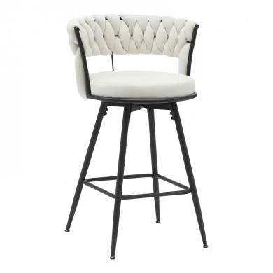 Roating bar stool Alkia pakoworld in beige velvet with black metal legs 58x55x90cm
