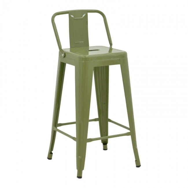 Mid-height Bar stool with backrest Utopia pakoworld metal in dark olive color 42x42x86cm