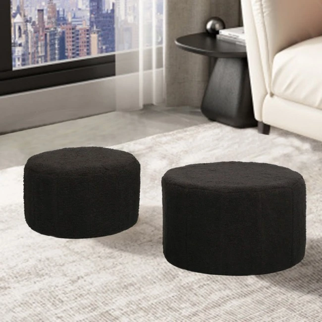 Stool - Pouf Gabello pakoworld boucle fabric in black color D44x26.5cm