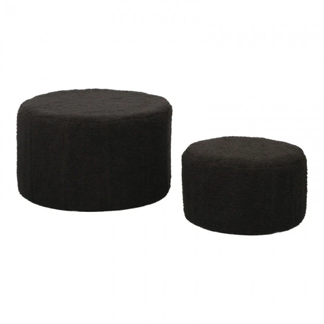 Stool - Pouf Gabello pakoworld boucle fabric in black color D44x26.5cm