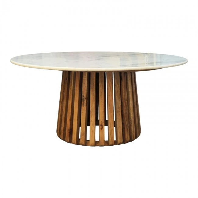 Mable Inart coffee table solid acacia wood in natural color and marble surface top D100x45cm