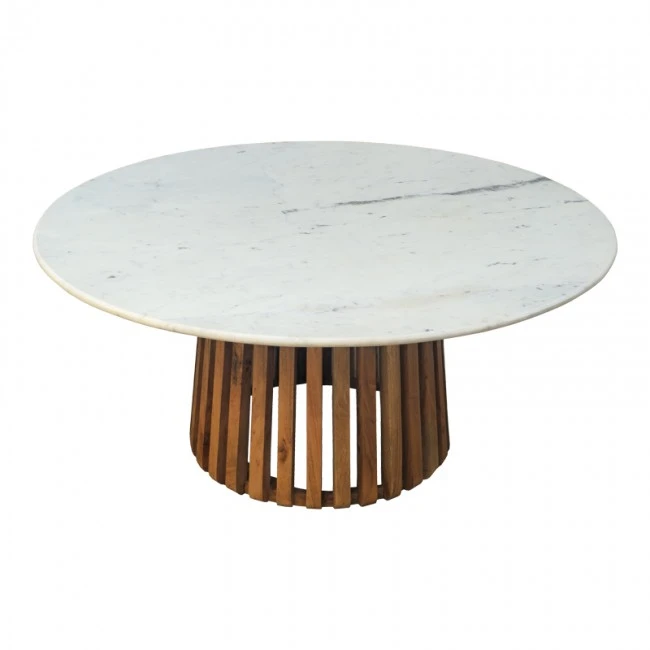 Mable Inart coffee table solid acacia wood in natural color and marble surface top D100x45cm