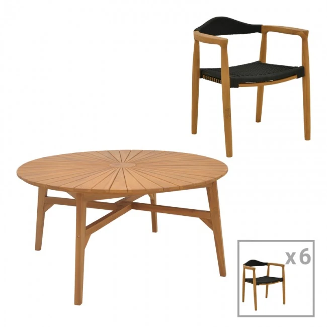 Dining table 7pcs.Ganny-Colen pakoworld teak wood in natural-black shade Φ150x75cm