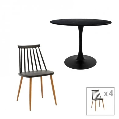 Aurora-Balou pakoworld dining table set of 5 pp-mdf in black-natural color D120x73cm