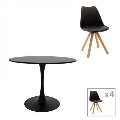 Balou-Caron dining table set of 5 pakoworld MDF and pp in black-natural shade Φ100x73cm