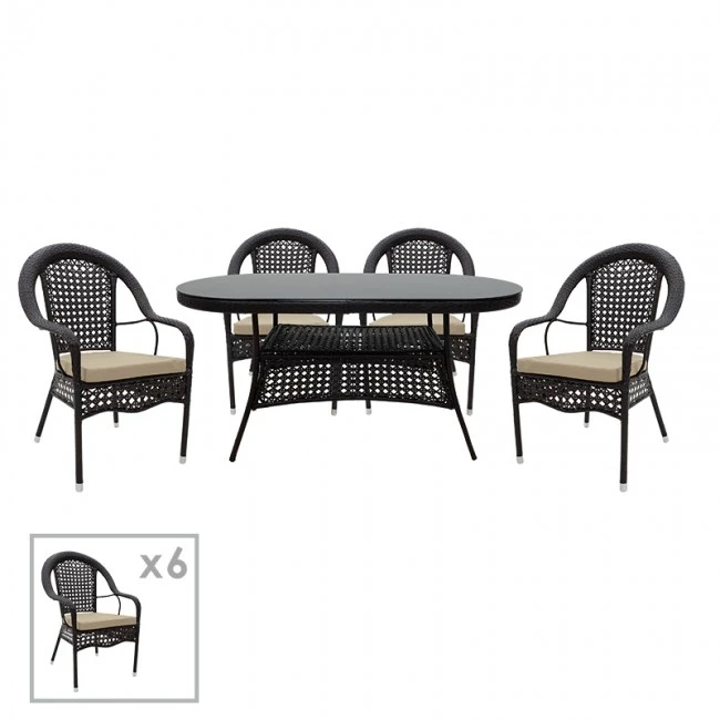 Cellin garden dining set 7pcs pakoworld metal-pe rattan brown