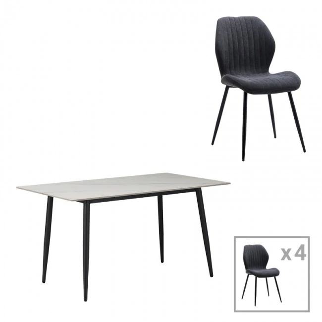 Gustas-Fersity pakoworld dining set 5pcs white marble sintered stone-anthracite fabric 120x60x75cm