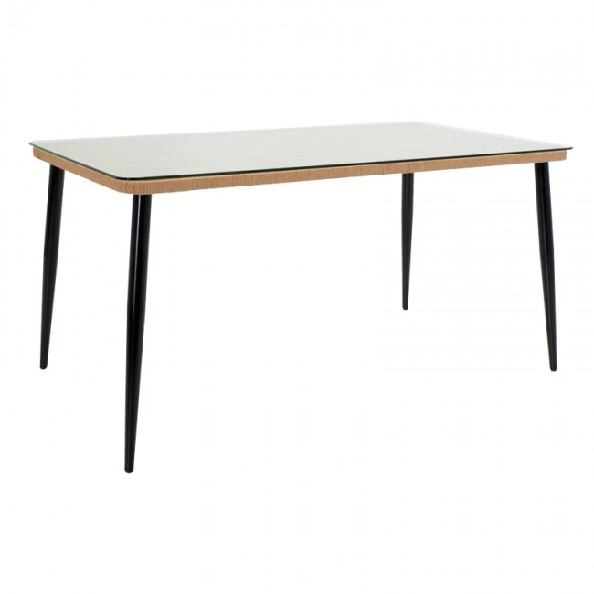 Dining table Naoki C pakoworld set of 7 natural rattan-black metal-glass 160x90x78cm