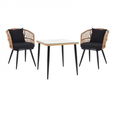 Naoki dining table set of 3 pcs pakoworld metal black-pe natural-glass 80x80x78cm